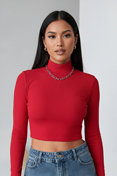 ROSAMİNA Women's Red Camisole Fabric Stand Collar Blouse