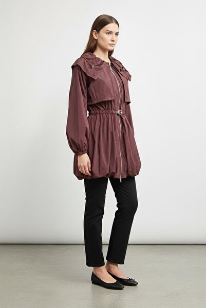Soul Zippered Hooded Waist Drawstring Short Trenchcoat-32450 - Burgundy