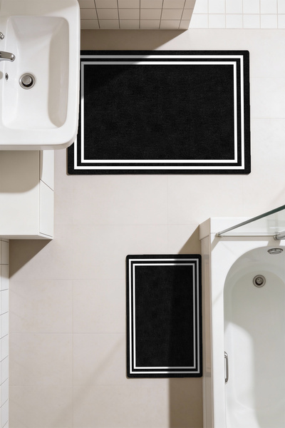 kilim home Punto Beyaz Çizgili Dijital Baskı Yıkanan Kaymaz İkili Banyo Paspa...