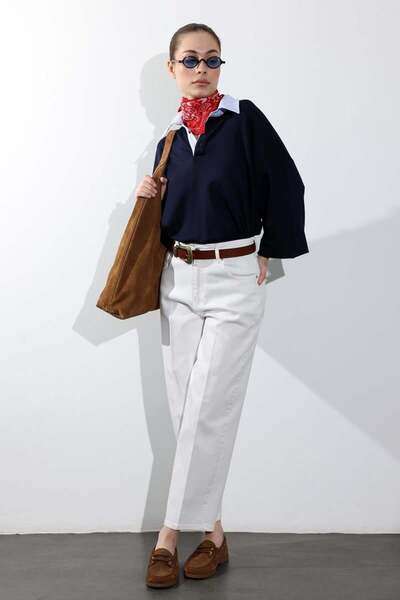 5in1Canpolat جينز أبيض واسع بخصر مرتفع 3004