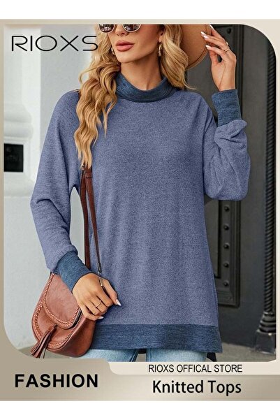 RIOXS Women's Long Sleeve Fitted Shirts Knitted Solid Color Tops Contrast Col...
