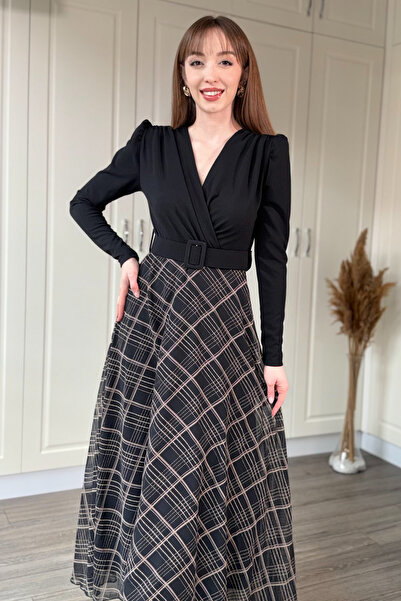 Dilay Gökoğlu Butik Καρό φούστα με επένδυση και ζώνη, μίντι μαύρο φόρεμα