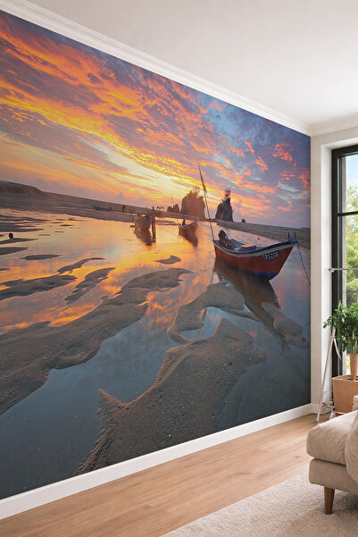 dreamwall Sahil ve Balıkçı Tekneleri - Gün Batımı Temalı Tek Parça Tekstil Du...