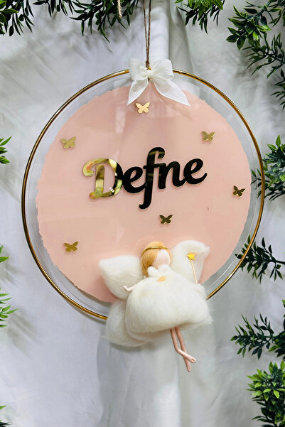 RetroLazer Pleksi Keçe Peri Bebek Kapı Süsü İsimlik Çemberli Makrome 30x30 cm