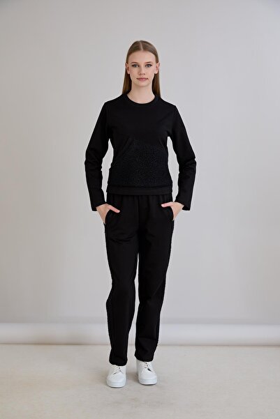 Sortie Knitwear Garnished Sweatshirt Set Black