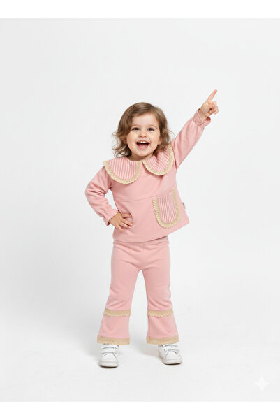 Pembe Kız Bebek&Çocuk Nakış Detaylı Bebe Yaka 2'li Takım