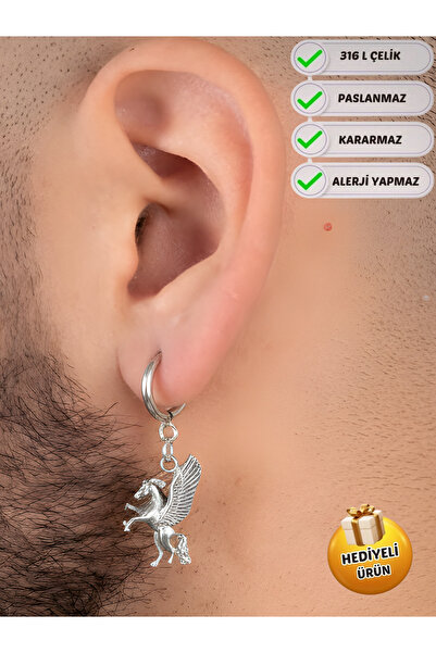 Piercing Market Steel & Silver Unisex Steel Hoop Dangle Pegasus Earrings, Doe...