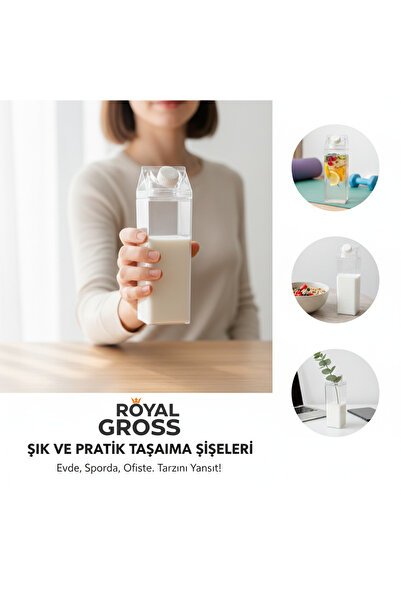ROYALGROSS 1000 ml Şeffaf Süt Kutusu Tasarımlı Akrilik Matara - Süt, Meyve Su...