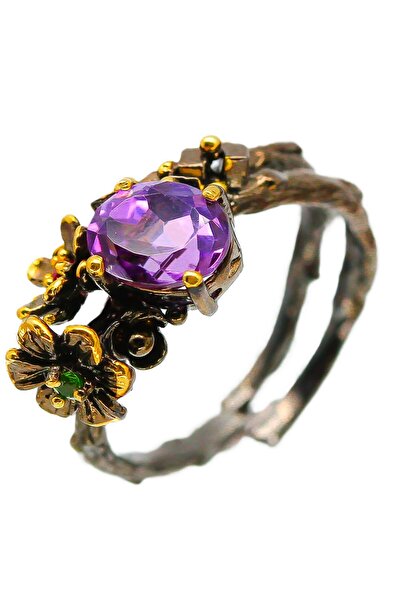 FashionBijoux 925 silver jewelry ring with amethyst, garnet and chrome-diopsi...