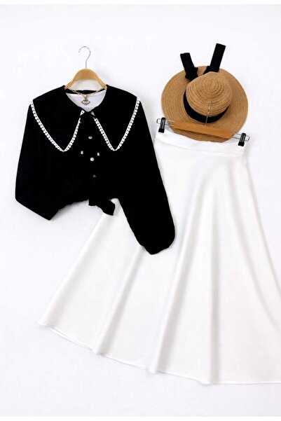 MODA VEDAT Women's Collar with Scallop Detail - Puff Scuba Skirt Set