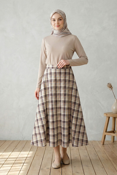 Kirazgym Women's Patterned Polyviscon Skirt - Brown