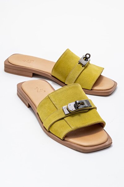 Zeynep Sıradağlı Harbin Women's Genuine Leather Slippers Pistachio Green Suede