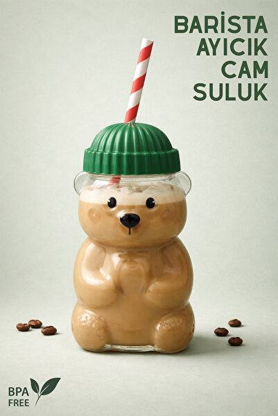 Nandy Home Barista Ayıcık Cam Suluk - 500Ml. Pipetli Suluk