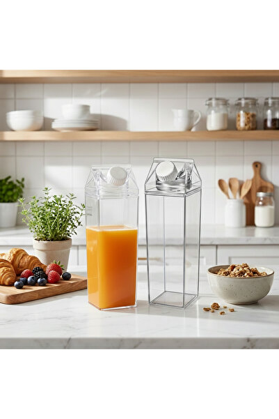 ROYALGROSS 2’li Set 1000 ml Şeffaf Süt Kutusu Tasarımlı Akrilik Matara - İkil...