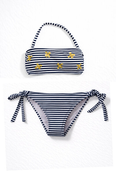 hazelin Girl's Navy Blue White Striped Bee Sticker Strapless Bikini Set for A...