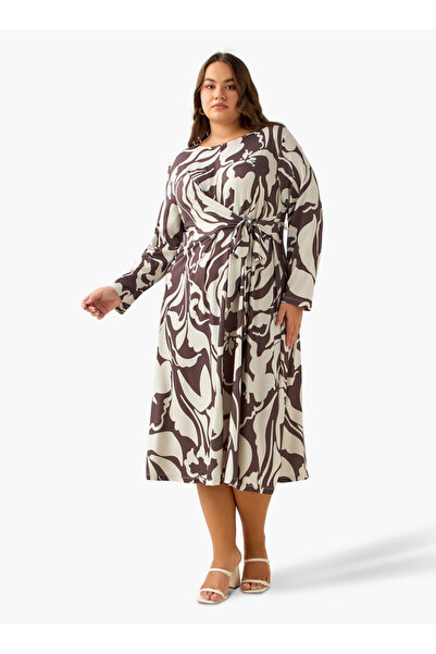 Ulla Popken A-line Midi Dress with Knot Detail and Floral Print