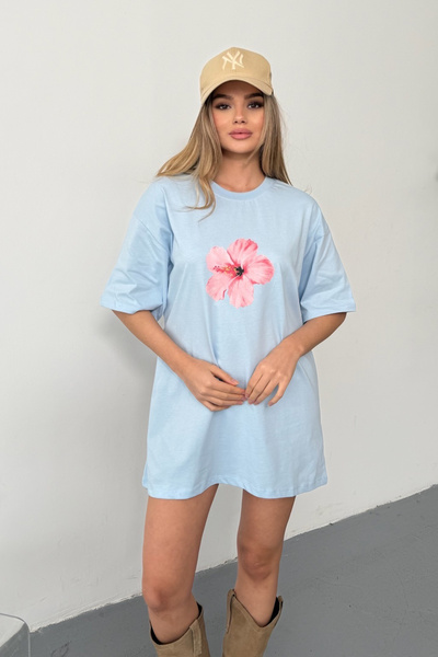 GİYSA Women's Crew Neck Lotus Printed Oversize T-Shirt Blue - 26Y 26502