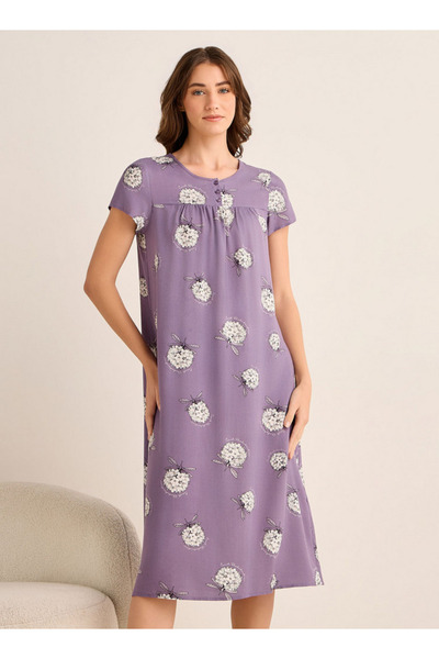 FAV Midi Night Dress Short Sleeves with Floral Print Viscose