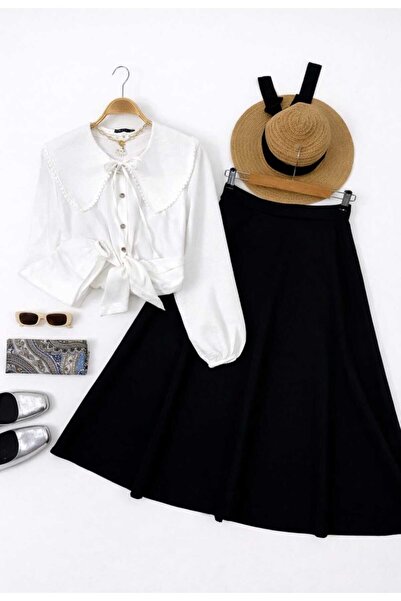 MODA VEDAT Women's Collar with Scallop Detail - Puff Scuba Skirt Set