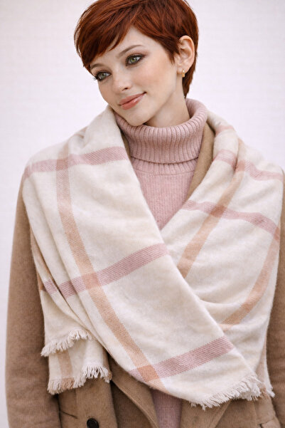 KRAFTELLA Cream Plaid Patterned Wool Shoulder Shawl |   Soft Textured Winter ...