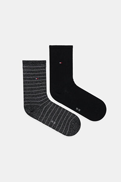 Tommy Hilfiger Kadın İnce Çizgili Çorap 2'li Paket - Siyah