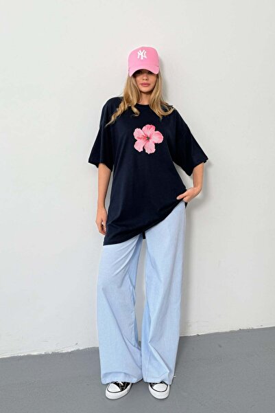 GİYSA Tricou oversize cu imprimeu Lotus, cu gât turnat, pentru femei, bleumar...