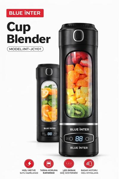 BLUE İNTER 50W 600ML 12 BIÇAKLI 304 PASLANMAZ ÇELİK TAŞINABİLİR ŞARJLI MİNİ M...