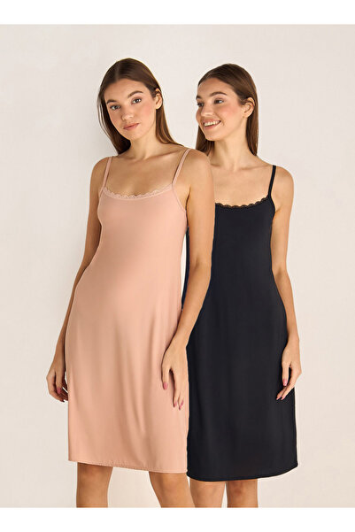 FAV Set of 2 - Long Slip Dress Sleeveless Lace Trim