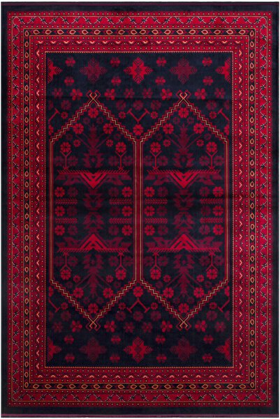 Cool Halı Efsun Lacivert Kırmızı Klasik Etnik Afgan Desenli Makine Dokuma Kay...