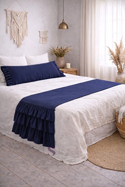 shules collection Dark Blue Buldan 3 Ruffled Bed Runner & Inner-Filled Throw ...