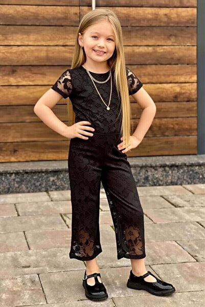 Riccotarz Salopetă neagră pentru fete, cu dantelă brodată peste corp, din tul...