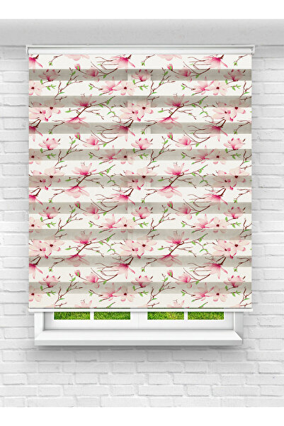 Enzo Home Pembe Manolya Çiçek Desenli Baskılı Zebra Perde