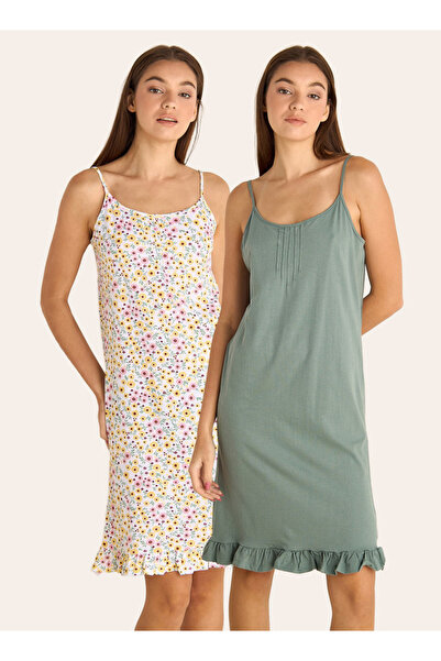 FAV Set of 2 - Midi Slip Dress Strappy Ruffled Hem Cotton