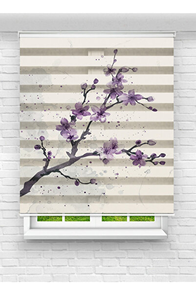 Enzo Home Mor Kiraz Çiçeği Desenli Zebra Stor Perde | Japon Tarzı Modern Zebr...