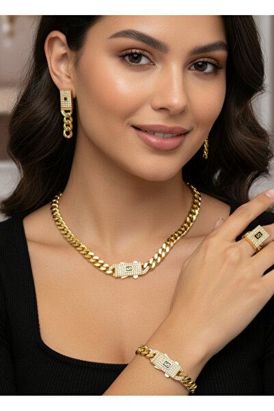 BİJU YILMAZ Vip Altın Kaplama Kolye Bileklik Küpe Yüzük Gurmet Set - 26set01