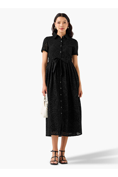 2Xtremz Belted Midi Cotton Shirt Dress with Schiffli Embroidery