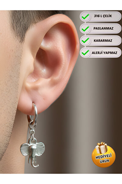 Piercing Market Steel & Silver Unisex Steel Hoop Dangle Elephant Earrings, Do...