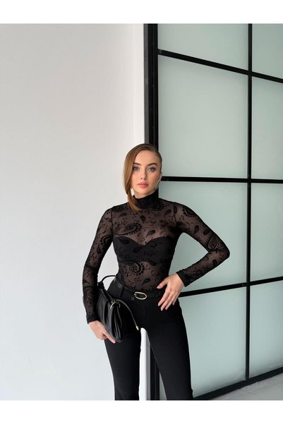 Elaxi Bluză de damă din tul transparent, cu guler înalt, cu model imprimat tip șal