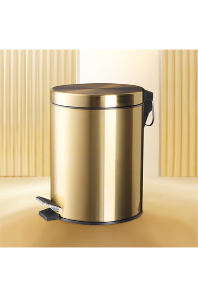 HTH سلة مهملات دائرية بغطاء معدني ذهبي اللون، مزودة بخاصية الهبوط البطيء الصا...