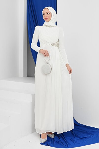 İmajButik Ecru Collar Waist Stone Evening Dress