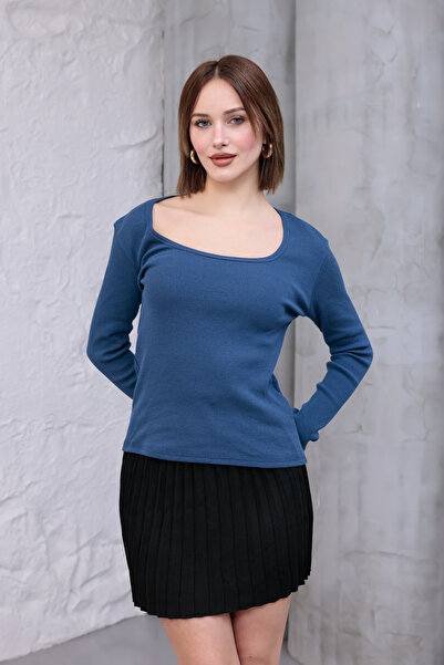 hies بلوزة نسائية زرقاء ذات ياقة واسعة وأكمام طويلة، موديل جديد للموسم الجديد