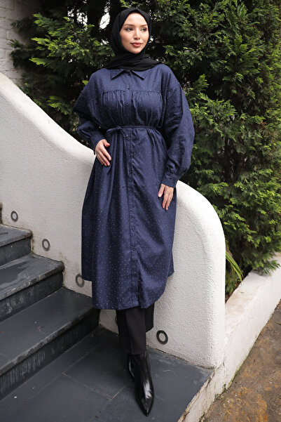 İmajButik Navy Blue Oversize Stoned Buttoned Gabardine Tunic