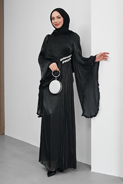 İmajButik فستان سهرة من الشيفون الأسود مزين بالأحجار عند الخصر