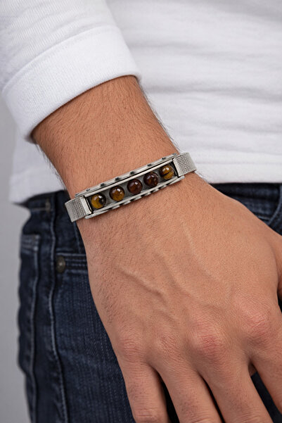 Tasarım سوار رجالي من سلك شبكي فولاذي مرصع بحجر عين النمر