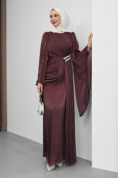 İmajButik Bordo Bel Taşlı Şifon Abiye
