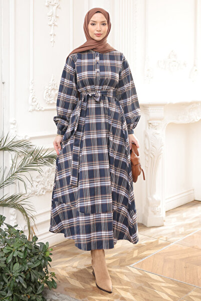 İmajButik Navy Blue Plaid Patterned Belted Dress