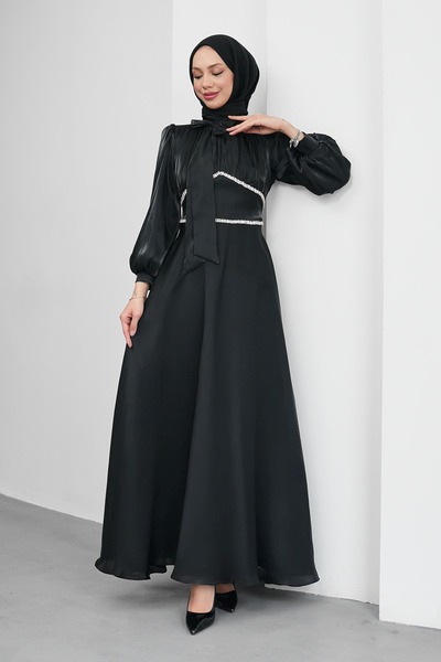 İmajButik فستان سهرة أسود بأكمام بالونية وتفاصيل حجرية على الخصر مع ربطة عنق ...