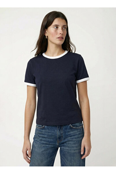 Fabrika Bisiklet Yaka Düz Siyah - Beyaz Kadın T-Shirt F6SL-TST0011