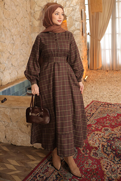 İmajButik Brown Belted Buttoned Front Long Plaid Dress