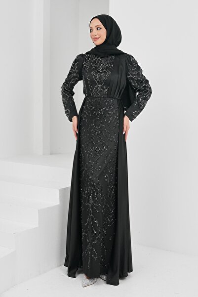 İmajButik Siyah Önü Taşlı Saten Abiye